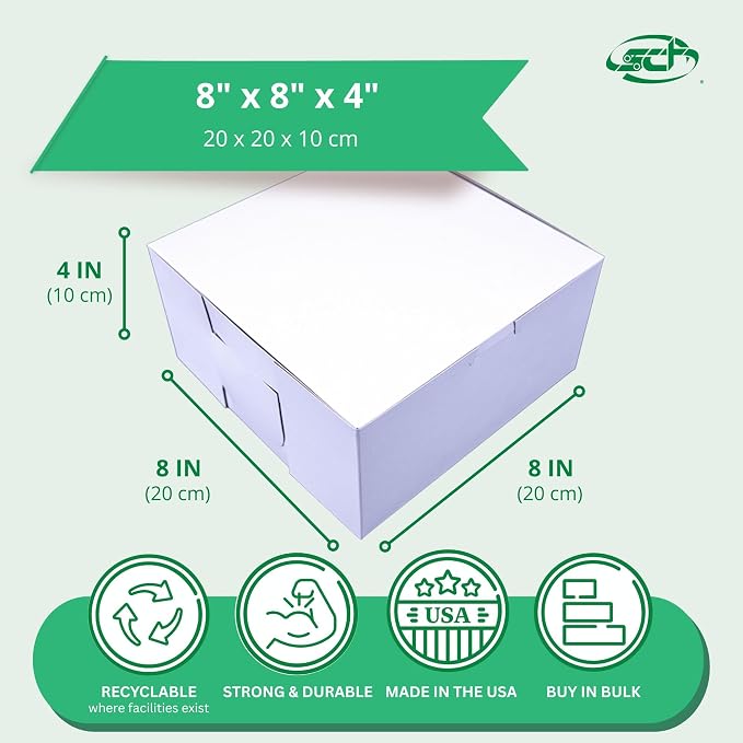 Southern Champion Tray 0941 Premium Clay-Coated Kraft Paperboard White Non-Window Lock Corner Bakery Box, 8" Length x 8" Width x 4" Height (Case of 250)
