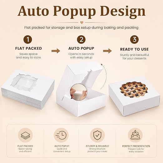 NPLUX 20 Pack Pie Boxes 10x10x3inch Bakery Boxes with Window Dessert Pastry Box for Pies,Cheesecakes and Chocolate Covered Strawberries, Graduation Gifts Party Favors(White)