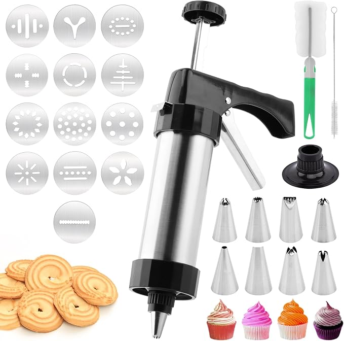 Cookie Press Gun Kit, Stainless Steel Hand Press, 13 Discs, 8 Tips | Includes 1 press gun 2 cleaning brushes, For spritz cookies icing and egg filling, No storage case included