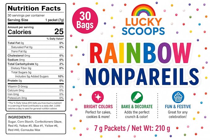 Lucky Scoops Rainbow Nonpareils Packets – 30 Individually Wrapped 7 g Packs in Resealable Pouch – Dairy-Free, Gluten-Free, Vegetarian, Soy & Nut-Free Candy Sprinkles for Dot Cakes, Baking, Ice Cream & Parties