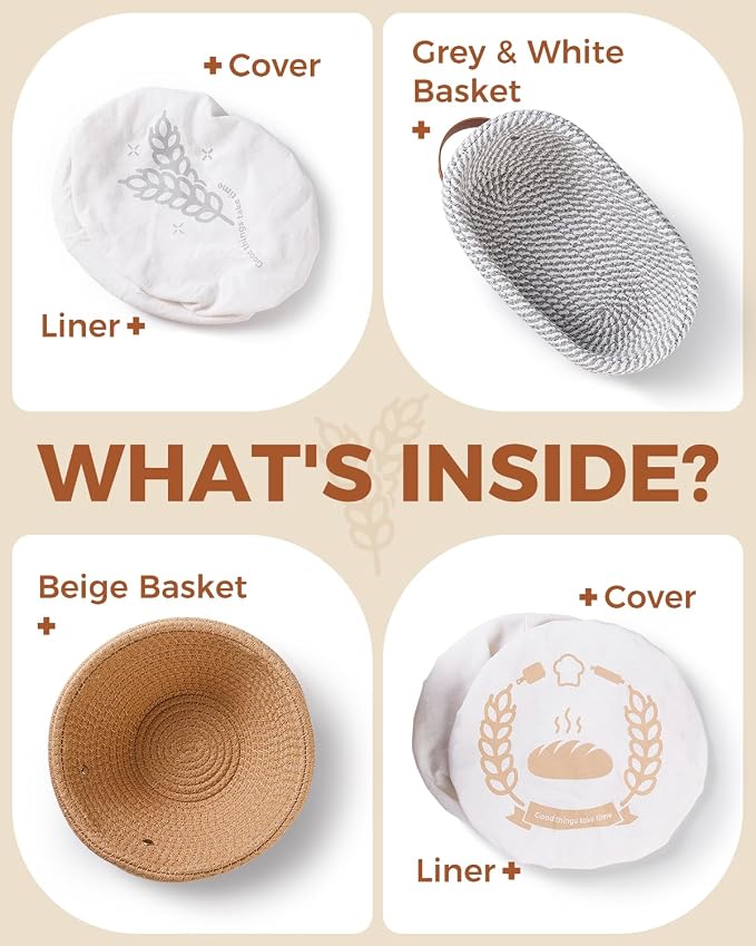Banneton Bread Proofing Basket, Natural Cotton Rope Bread Baskets with Reusable Liners & Dust Covers, Artisan Sourdough Bread Baking Supplies, 9'' Round & 10" Oval