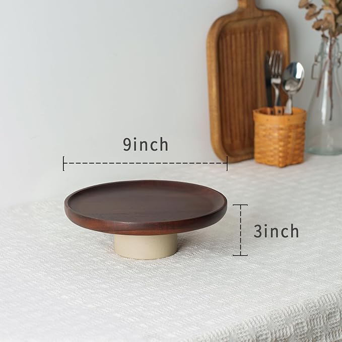 CEEFU 9 inch Rustic Acacia Wood Cake Stand - Natural Wooden Clay Wedding Cake Pedestal Serving Stand for Cupcake Dessert Bites Display in Party, Birthday, Beautiful Farmhouse Kitchen Decor