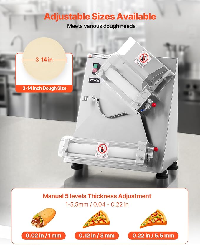 VEVOR Pizza Dough Roller Sheeter, 3-14 Inch Automatic Stainless Steel Pizza Press, Commercial Electric 370W Pasta Maker Machine, 260 pcs Per Hour, Adjustable Thickness, with Dough Press Lid