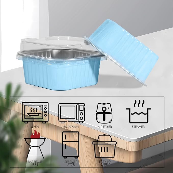 50 Pcs Mini Square Baking Cups with Lids,10oz Aluminum Foil Mini Cake Pans with Lids,Disposable Ramekins Cake Pans,300ml Dessert Cups Cupcake Pans for Wedding Birthday Party,Skyblue