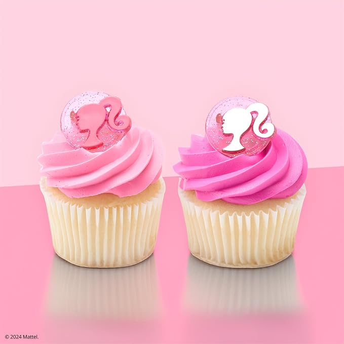 DecoPac Barbie Rings, 24 Barbie Silhouette Cupcake Decorations, Pink Glitter Cake Toppers For Birthday, Parties, Celebrations - 24 Pack