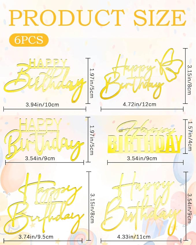 6ps Gold Happy Birthday Cake Topper Acrylic Cake Toppers Happy Birthday Sign Picks Decorations Cake Decorations for Party Anniversary