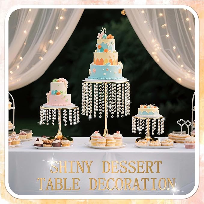 Metal Mirror Cake Stand Set with Crystal Pendants - Elegant Dessert Table Display for Weddings, Birthday Parties, Baby Showers, Events - Sturdy Crystal Bling Cupcake Stands for Pastries, Sweets, Decorations (Gold, Set of 3)
