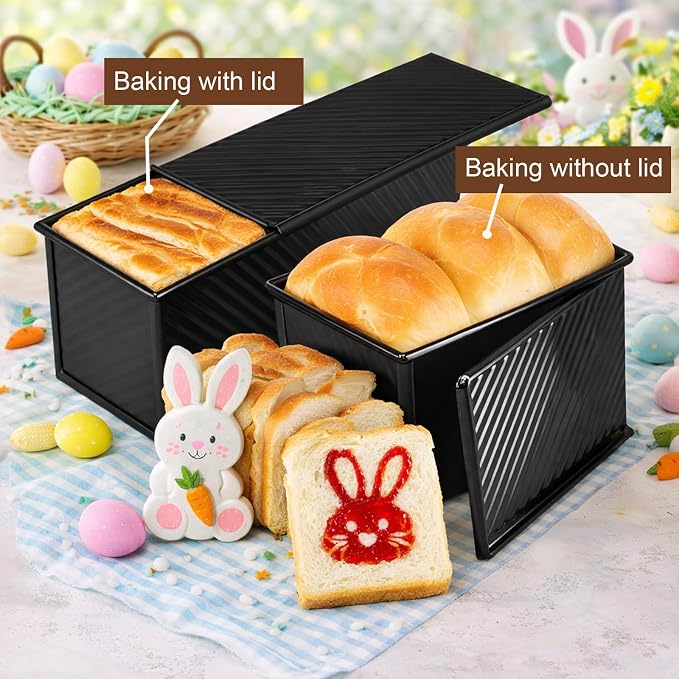 Pullman Loaf Pan, 2 Pack Bread Pan with Lid, 13x5 & 8x4 Inch, Black | Nonstick Pullman Loaf Pan with Lid 2.2lb&1lb Aluminized Steel Sourdough Sandwich Bread Loaf Pan with Cover Pullman Bread Pan