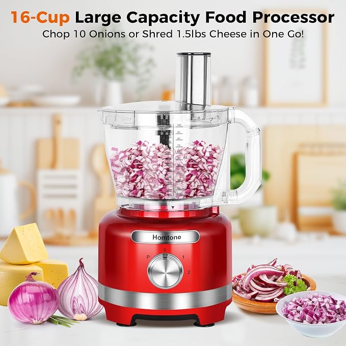 Homtone 16 Cup Food Processor Large, 9 Functions 3 Speeds for Shredding, Slicing, Making French Fries, Chopping Meat, Kneading Dough & Emulsifying, Red