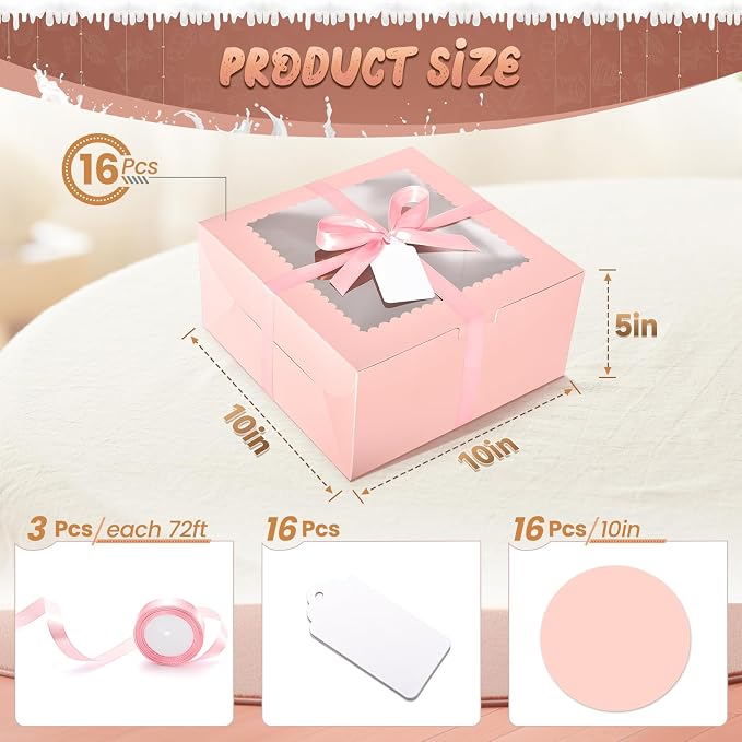 32Pcs 10 Inch Cake Boxes With Boards (16Pcs Pink, 16Pcs Boards), 10x10x5 Inch Bakery Boxes With Window, Carrier Container for Birthday Party, Wedding