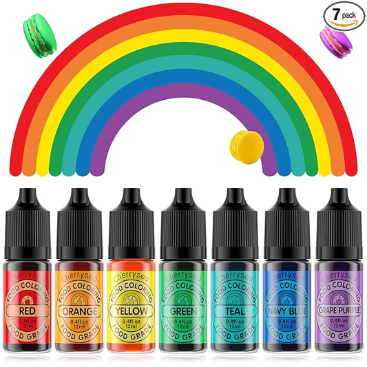 Cherrysea Food Coloring for Cake Decorating Rainbow Edible Food Dye for Halloween Baking Royal Icing Cookie Supplies Gluten Free 7x12ml Food Grade Liquid Food Color Kit, 0.4 Fl. Oz/Bottles