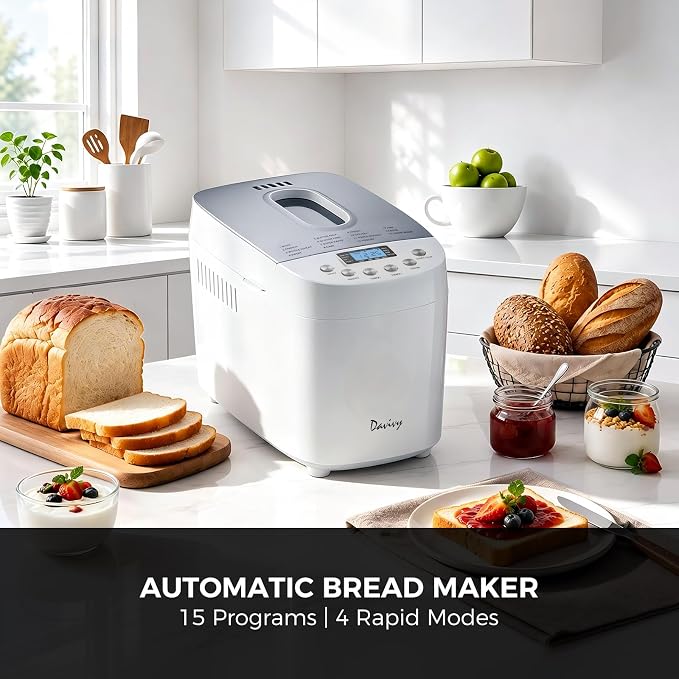 Davivy 3LB Bread Maker, 15 Preset Programs with 4 Quick Mode, 15H Delay Timer & Keep Warm, 3 Loaf Sizes & 3 Crust Shades, Gluten-free, Homemade Bread, Dough, Cake, Yogurt & Jam