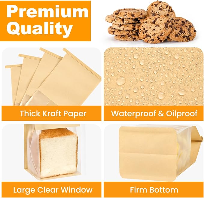 Ocmoiy 50 Pack Cookie Bags with Window, 5.1x3.9x11 Inches Tin Tie Tab Lock Bakery Packaging Bag, Resealable Paper Pastry Bags for Bagels, Popcorn, Treat