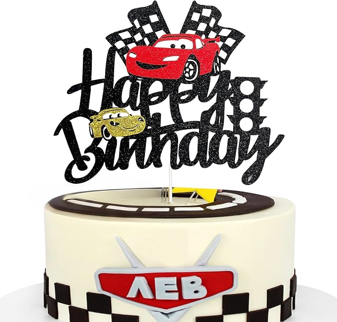 MEMOVAN Car Birthday Cake Topper Race Car Cake Decoration for Boy Girl Man Racing Car Checkered Flag Themed Birthday Party Supplies Double Sided