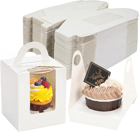 Jucoan 100 Pack White Single Cupcake Boxes, Kraft Paper Individual Cupcake Container with Window Insert Handle, Portable Bakery Containers for Small Cake, Muffins, Birthday Wedding Baby Shower Party