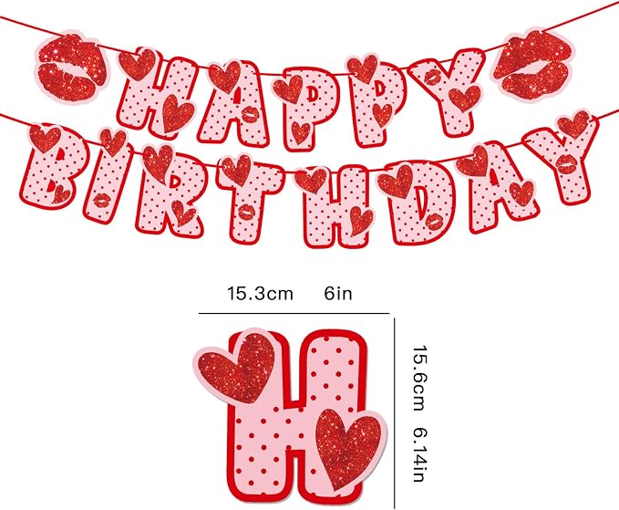 Zwiebeco Love Heart Happy Birthday Banner Red and Pink Glitter Sign Hanging Paper Party Decoration for Girls Women Accessories