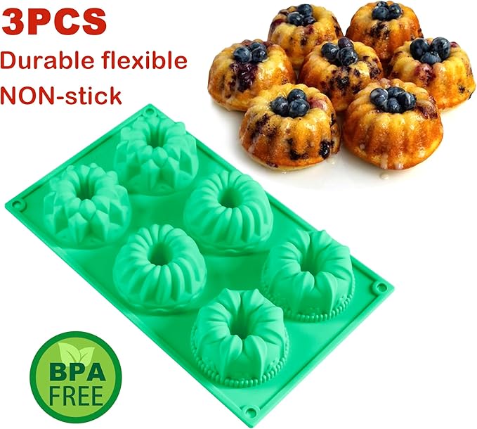 Zorazio 6-Cavity Fluted Tube Cake Pan,3Pcs Silicone Cake Pan, Non-stick Mix Mini Baking Mold for Cupcake Cornbread Brownie Jello