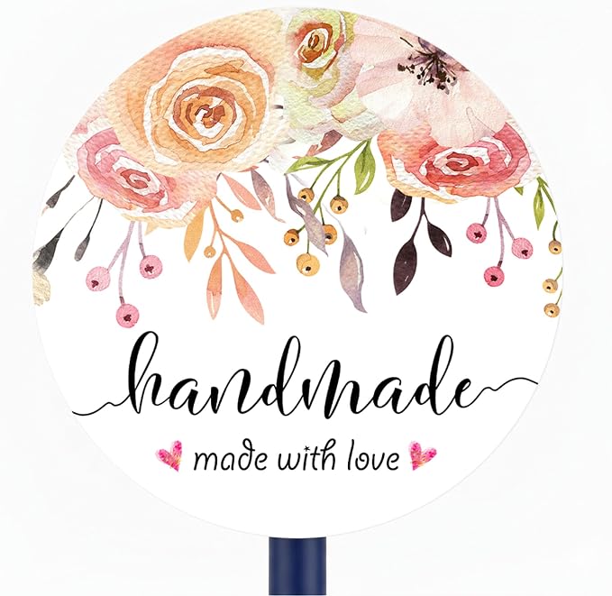 Floral Handmade with Love Stickers, 1.6 Inch Small Round Circle Adhesive Labels for Small Business, Gift Packaging, Envelopes, Baked Goods, Craft Tags, Wedding Favors 120Pcs(Handmade)