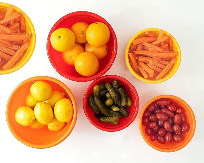 Stephanie Imports Made in USA 6-Piece Set of Prep & Store Plastic Bowls with Clear Lids (BPA-Free and Dishwasher Safe) - Orange, Red and Yellow