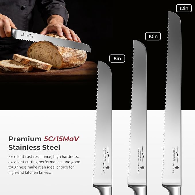 12" Bread Knife - Sourdough Slicing Knife Professional German 5Cr15MoV Stainless Steel Serrated Blade, Ergonomic Wood Handle & Full Tang Design, Gift Box Included (Single-Edge