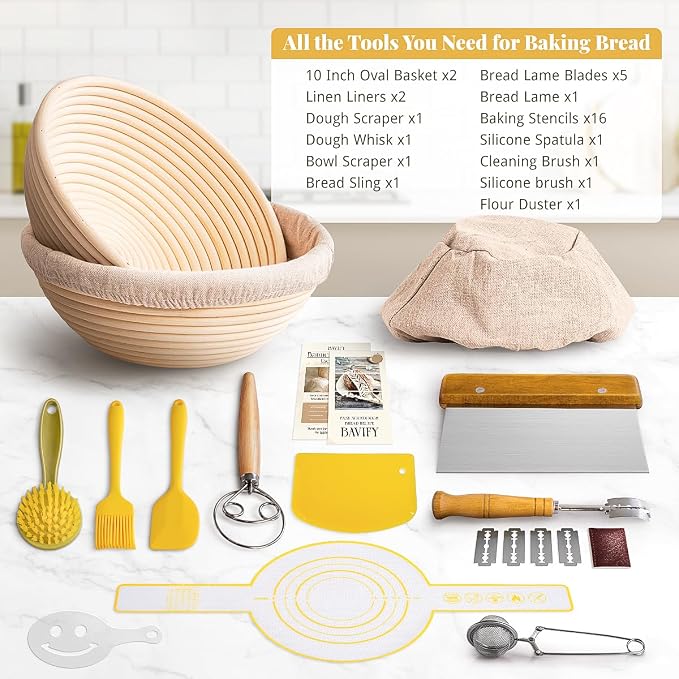 BAVIFY Sourdough Starter Kit, Banneton Bread Proofing Baskets Set, Sourdough Bread Baking Supplies Making Tools with Dough Scraper, Whisk, Bread Lame, Recipe, 2 Round Gift Set