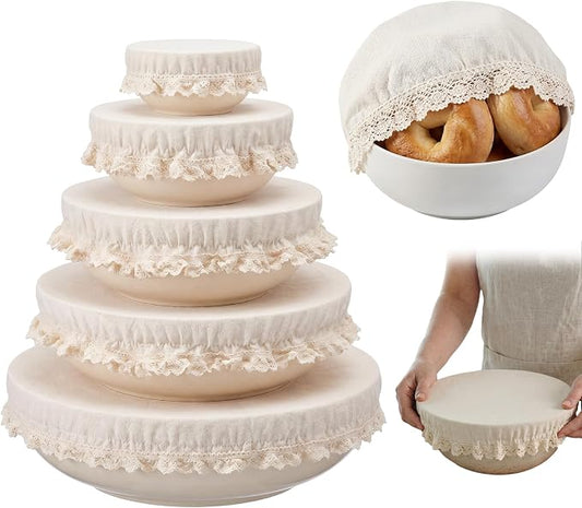 5 Pcs Reusable Cotton Bowl Covers with Lace Trim Breathable Muslin Fabric Food Storage Lids Elastic Cloth Bowl Covers for Bread Proofing Baskets Sourdough Bread Baking (4,5,8,10,12 Inch)