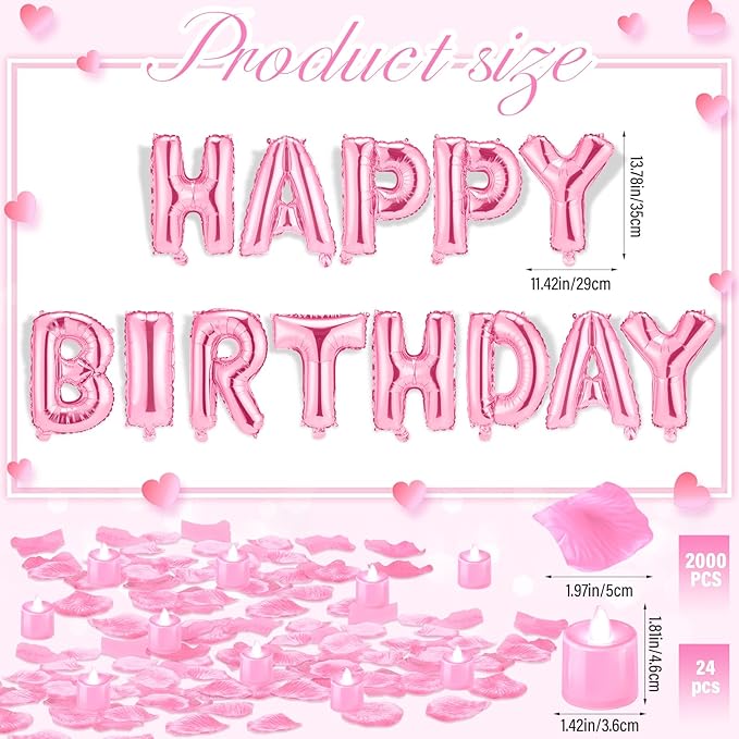 Pink Happy Birthday Balloons Decorations Happy Birthday Letter Balloons Banner Set with 24pcs Round Flameless LED Candles and 2000pcs Artificial Rose Petals for Women Men Room Party Decor