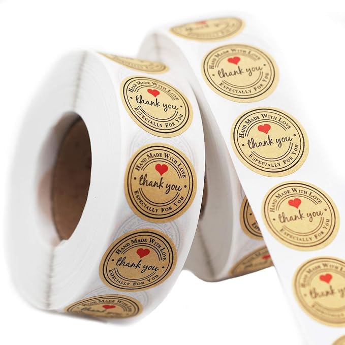 500pcs YOGET 1.5 Inch Round Handmade with Love Sticker,Thank You Stickers Roll Kraft Paper Strong Adhesive Stickers