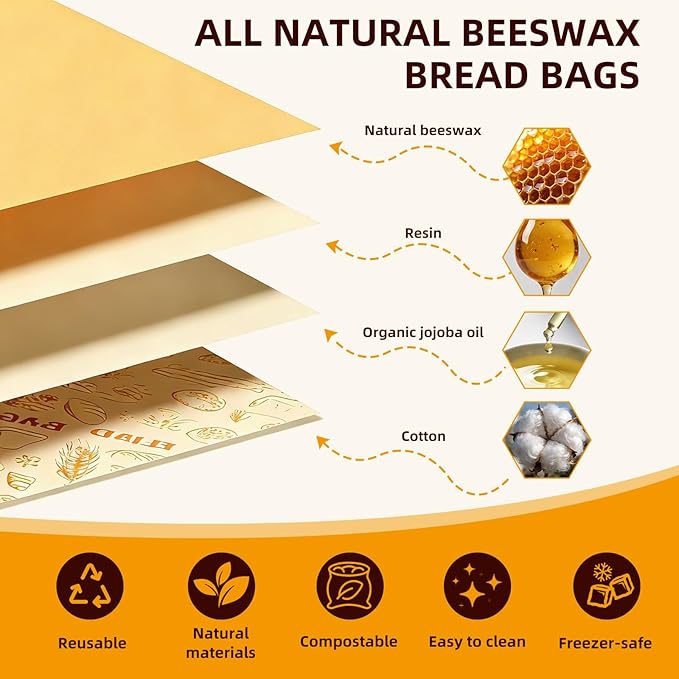 2 Pack Beeswax Bread Bags for Sourdough Homemade Bread, Reusable Organic Cotton Lining with Natural Beeswax, XL Bread Storage Bags, Keep Fresh 13×17 Inches, Sourdough Bread Bags Homesteading Essential