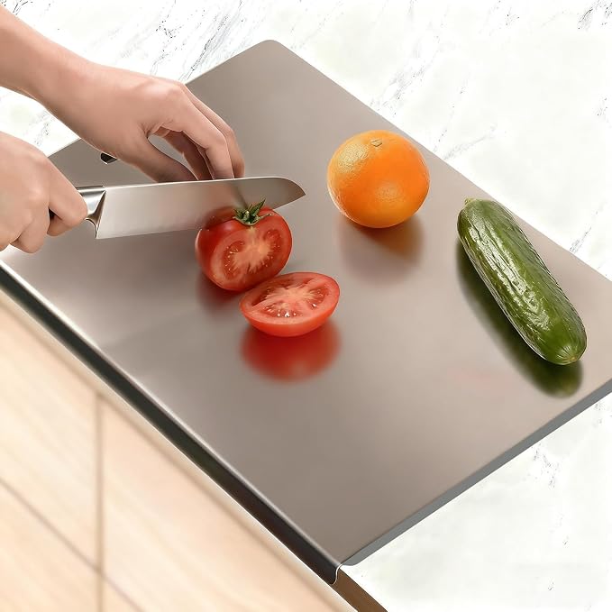 Large Stainless Steel Cutting Board with Lip for Kitchen, Chopping Boards with Grey Non-slip Mat, Cutting Board with Counter Lip for Meat, Fruits, Vegetables, Bread,Dough(15.7" × 11.8")