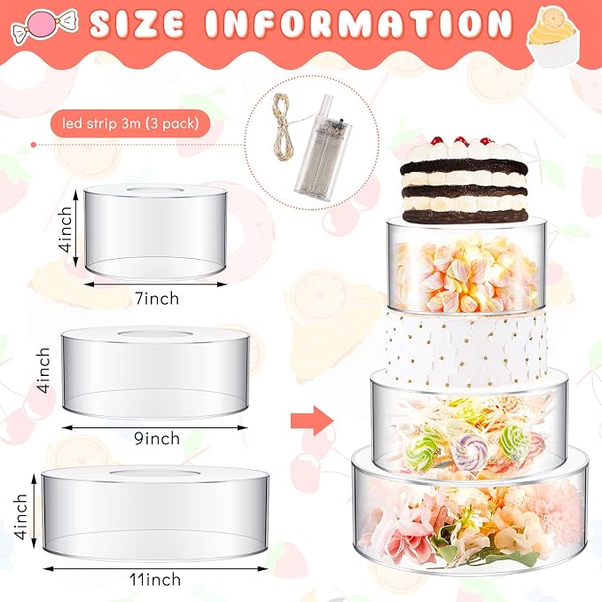 Sintuff 3 Pcs Acrylic Cake Stand with LED Lights 7‘’, 9‘’, 11‘’ Clear Fillable Cake Riser Round 3 Tier Case Box for Wedding Birthday Holiday Party Food Display, 3 Sizes
