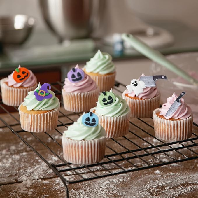 Edible Halloween Cake Decorations, 27 Count Royal Icing Toppers for Cakes, Cookies, Cupcakes - Pumpkin, Ghost, Witch Hat, Knife, Axe Icing Decoration - Spooky Baking Supplies for Halloween Party