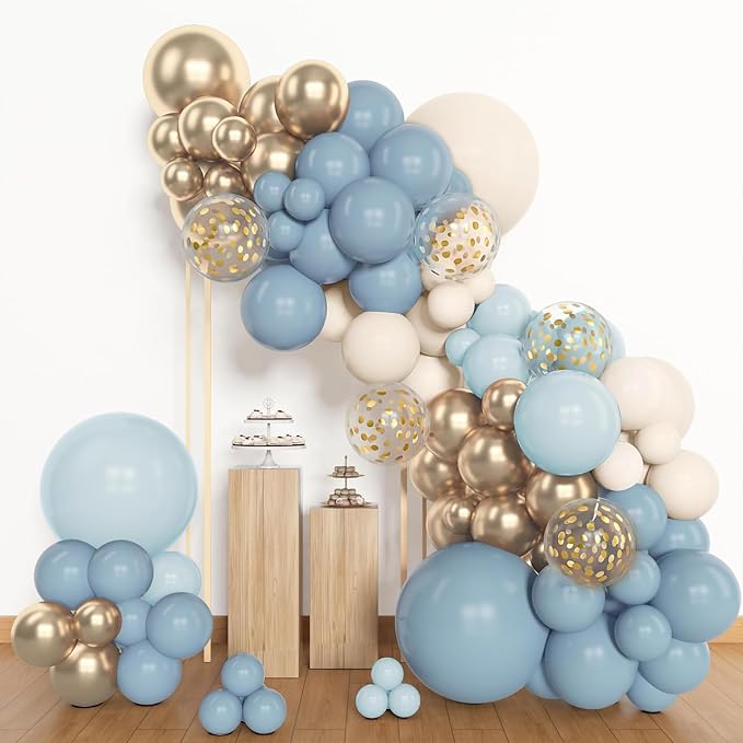 Archloon 156pcs Dusty Blue Balloon Garland Arch Kit, Different Sizes 18 12 10 5 inch Blue White Sand Latex Metallic Confetti Gold Balloons for Boys Birthday Boho Baby Shower Party Decoration Supplies