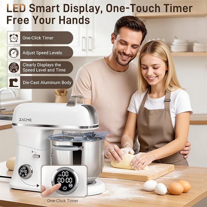 ZACME 7 Quart Stand Mixer Aluminum Die Casting, 650W 12 Speed Tilt-Head Kitchen Electric Stand Mixer, Household Food Mixer with Stainless Steel Bowl, Dough Hook, Whisk and Beater-Porcelain
