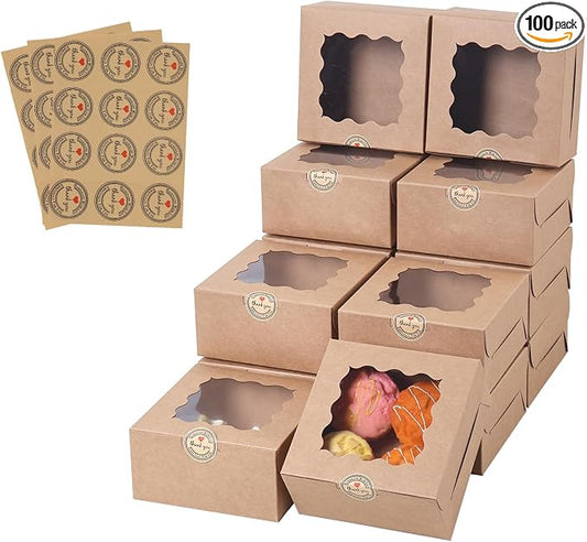 100 pcs 6x6x3 Inches Small Cake Box with Window, Bakery Pastry Cookie Boxes, Mini Pie container for Pastry,Dessert,Strawberries,Chocolates, Cupcakes with paper stickers (Brown)