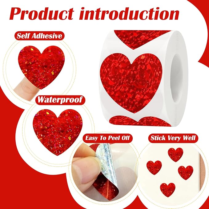 500 PCS 1.5Inch Red Heart Stickers, Love Shape Labels,Valentine's Day Self Adhesive Glitter Love Stickers for Mother’s Day, Envelopes, Wedding, Crafting, Scrapbooking, Gift, Award Charts