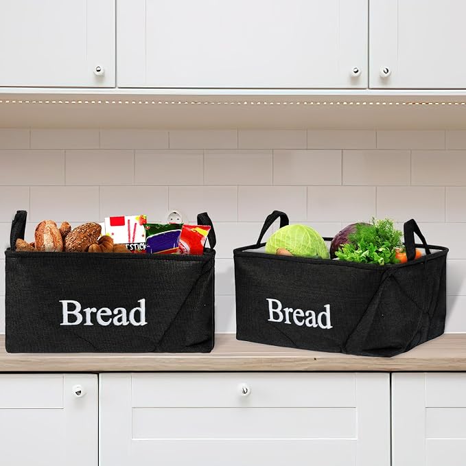 2 Packs Bread Storage Basket for Pantry, Imitation Linen Bread Baskets Foldable Bread Storage Containers with Handles for Pantry Kitchen Counter to keep Bread, Rolls, Snacks