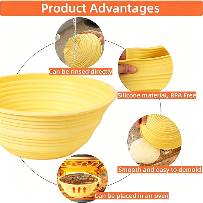 2Pcs Silicone Banneton Bread Proofing Baskets 9" Round Collapsible Sourdough Bread Baking Supplies Non-Stick Dough Proofing Bowl Oven & Dishwasher Safe, BPA Free