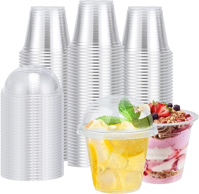 BYSNOW 300 Pack 9 oz Clear Plastic Cups with Dome Lids No Hole, Disposable Dessert Cups with Lids, Party Cups Cupcake for Ice Cream, Cold Drinks, Fruit, Parfait, Pudding