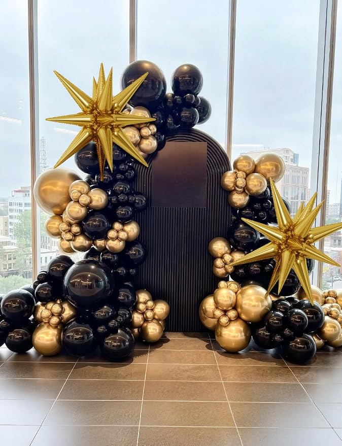Black and Gold Balloons Arch Garland Kit, 110 Pcs Black Gold and Foil Star Balloon, Fathers Day Balloon arch for Father's Day, Graduation 2026, Birthday, Retirement, Anniversary, Wedding Decor