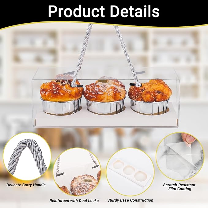 EUSOAR Cupcake Boxes, 10 Pcs 9"x3"x3" White Clear 3 Compartments Take out Containers for Muffins, Rectangular Portable Dessert Pastry Holder Cookies Wrappers for Birthday Wedding Party Bakery