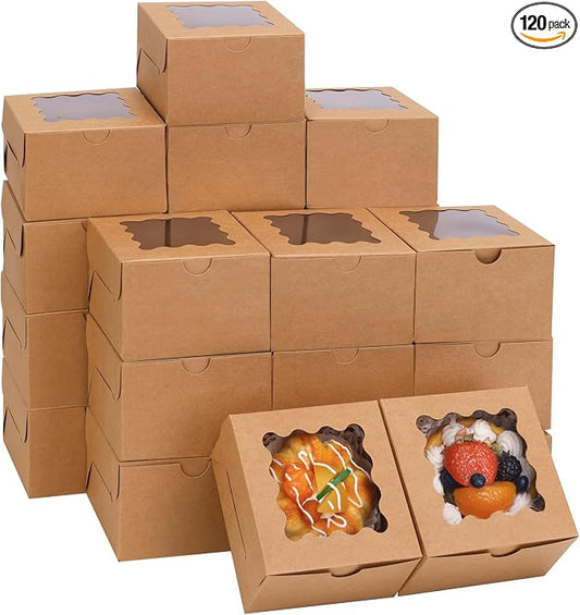 Moretoes 120pcs Cookie Boxes with Window, 4x4x2.5 Inches Brown Bakery Boxes Pastry Container Bulk for Small Cookies, Treats and Desserts