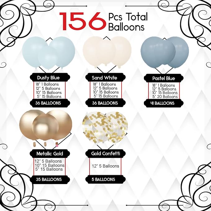 Archloon 156pcs Dusty Blue Balloon Garland Arch Kit, Different Sizes 18 12 10 5 inch Blue White Sand Latex Metallic Confetti Gold Balloons for Boys Birthday Boho Baby Shower Party Decoration Supplies