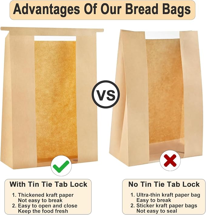 100 Pack thicker Large Sourdough Paper Bread Bags for Homemade Bread(13.7x8.2x3.7in)& Tin Tie Tab Lock. with Window bags & 125pcs label,for Packaging and Storage of Baked Goods