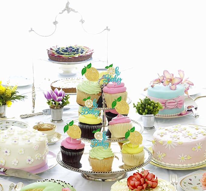 Rsstarxi 24 Pack Lemon Oh Baby Cupcake Toppers Fruit Theme Oh Baby Lemonade Cupcake Picks Decorations for Lemon Theme Baby Shower Kids Birthday Party Cake Decorations Blue
