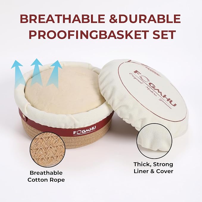 2-Pack Banneton Bread Proofing Baskets – Sourdough Starter Kit for Home Bakers, Cotton Rope Bannetons with Liners, Hanging Hooks, Dough Guide (9" Round & 10" Oval)