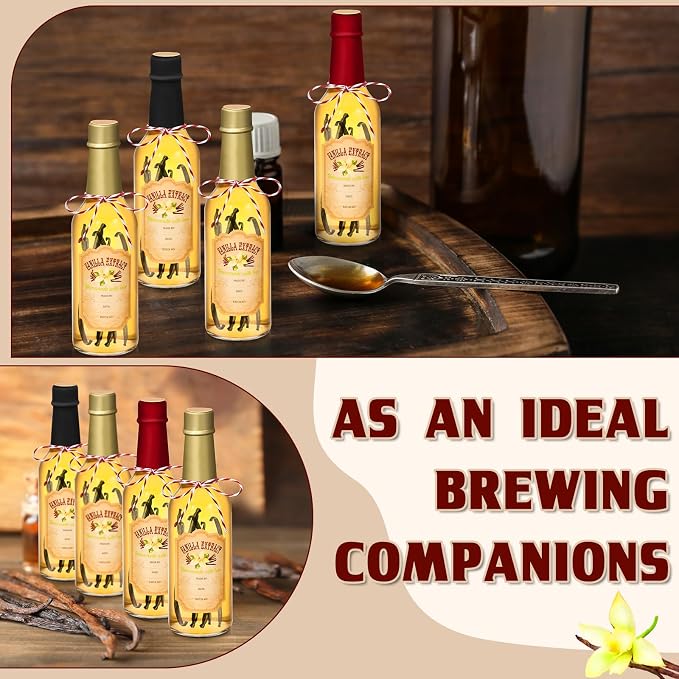 Tioncy 16 Pcs Empty Vanilla Extract Bottles for Homemade Vanilla Jar Glass Bottle with Cap, Shrink Band, Sticker DIY Crafts Wedding Gift Food Storage Canister for Bean(Black, Red, Gold,8.5 oz)