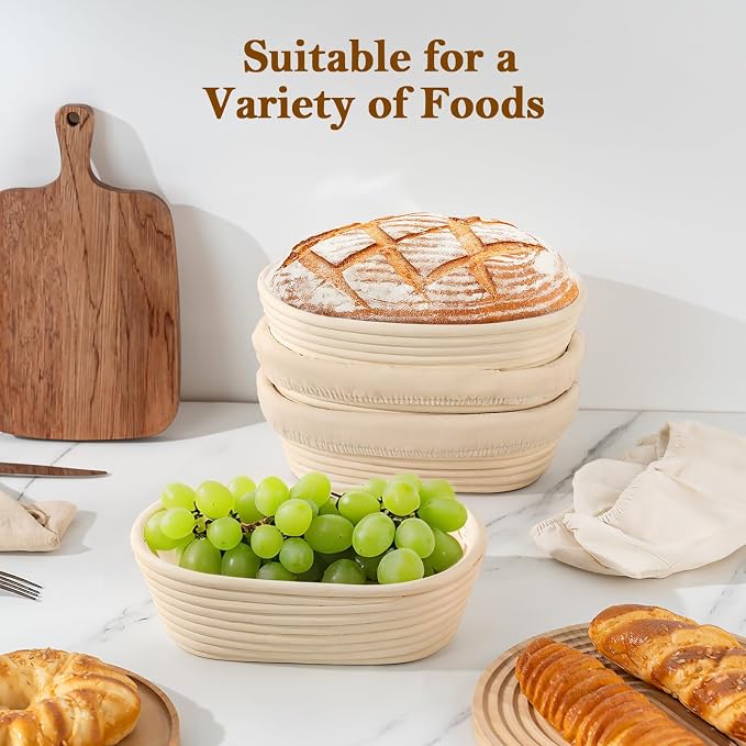 4 Pack 10 Inch Oval Banneton Bread Proofing Basket, Rattan Sourdough Bread Baskets with Liners for Home Baking