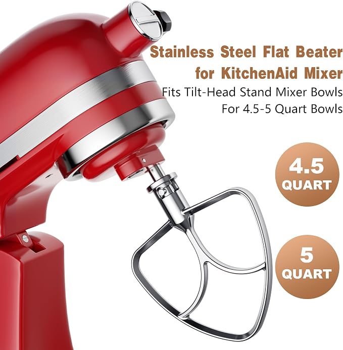 Stainless Steel Flat Beater for KitchenAid Tilt Head Stand Mixer, Polished Paddle Attachment, Fits 4.5-5 Quart Models, Dishwasher Safe