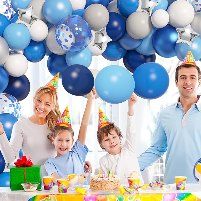 Amandir Navy Blue Balloons Arch Garland Kit, 144Pcs Royal Light Blue Confetti Silver Star Foil Balloons for Blue Birthday Baby Shower Wedding Graduation Party Decorations Supplies